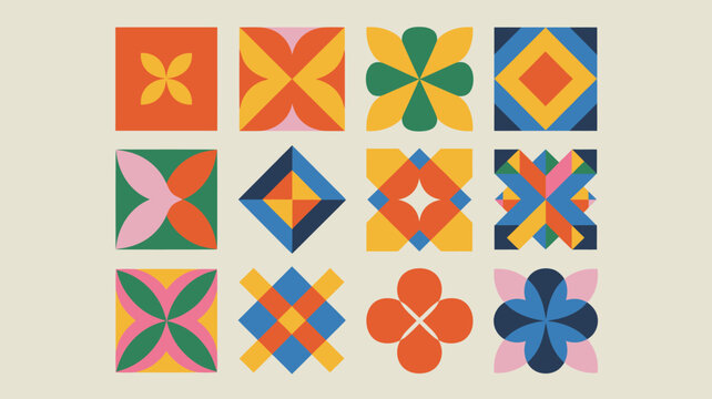 Geometric floral ornament collection a vibrant arrangement of stylized square patterns with colorful petals pattern motif flower petal design vector