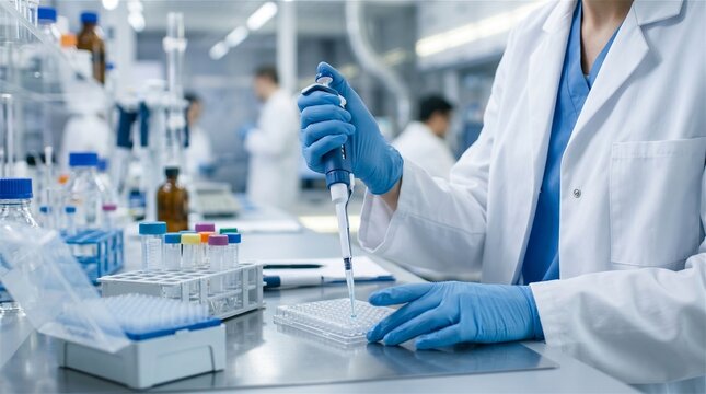 Scientist pipetting liquid in a modern laboratory for research