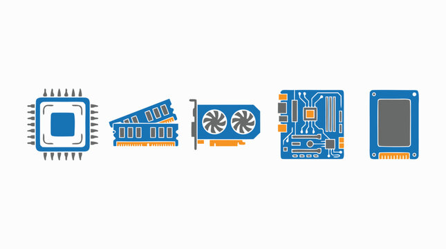 Comprehensive collection of computer hardware components icons, featuring CPU processor, RAM memory, GPU graphics card, motherboard, and SSD storage, flat vector illustration on white background.