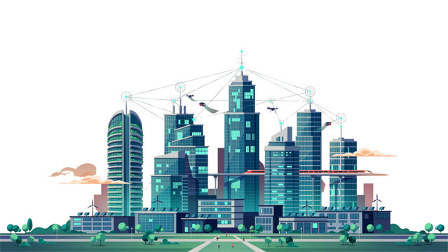 Modern city skyline illustration with construction cranes and buildings Vector
