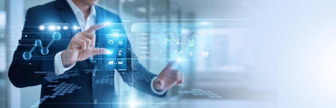 Financial innovator hands touch virtual screen launched Fintech platforms. Decentralized network ledgers encrypt digital transaction assets to secure global merchant payments. Smart banking.