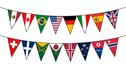 Obraz premium Two strings of triangular pennants displaying various national flags against a white background bunting festive celebration international global country mexico