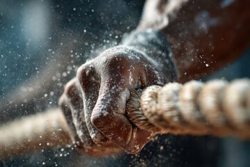 Extreme close-up of hands coated in chalk dust firmly holding heavy rope for training performance with strength competition athletic muscular training challenge performance determination
