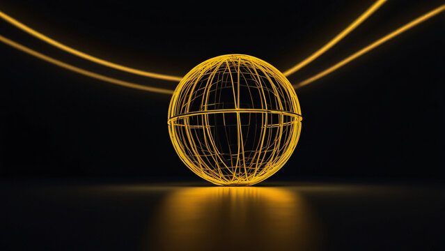 Futuristic yellow glowing globe with bright neon wireframe light trails