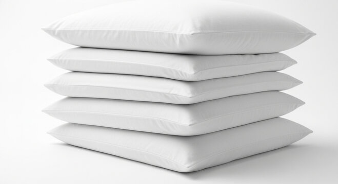 Stack of clean white pillows on plain background