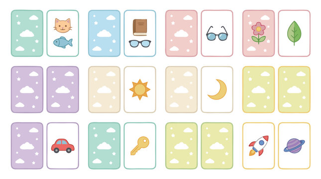 Educational Vector Icon Set featuring Flashcards and Memory Game Elements in a Clean Flat Design with a Soft Pastel Color Palette Isolated on White Background in an Ordered Grid Arrangement.
