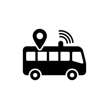 Smart connected bus glyph icon with location pin and wireless signal, location