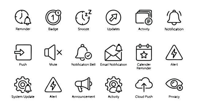 Vector outline icon set of sixteen unique icons for UI UX notifications featuring reminders, badges, snooze options, updates, push notifications, and mute settings for mobile and web apps.