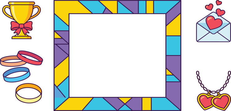 Geometric Mosaic Square Frame Vector Template with Golden Trophy Love Letter Ribbon Bracelets and Heart Necklace Elements