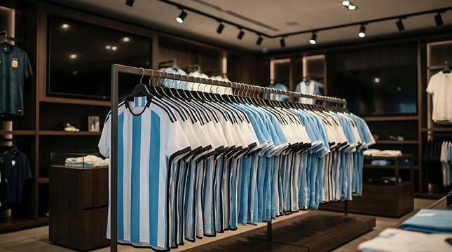 Rack of argentinian style national soccer jerseys in sports retail shop with football clothing merchandise national inventory consumer