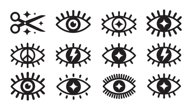 Bold eye graphics with decorative lashes and unique inner symbols including scissors and stars set.