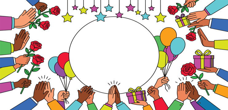 Diverse Group of Hands Clapping and Holding Roses, Balloons, and Gift Boxes Around Empty Circular Frame Banner Vector Design