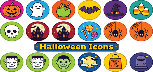 Fototapeta premium Cute Halloween Circular Vector Icon Set with Frankenstein, Dracula, Haunted House, Skull, Ghost, and Trick or Treat Bag Illustrations