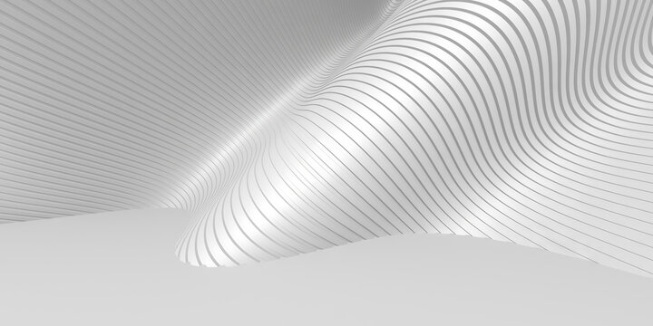 Monochrome white wavy surface with parallel thin lines and flowing contours for minimalist background and architectural wallpaper design .3d render
