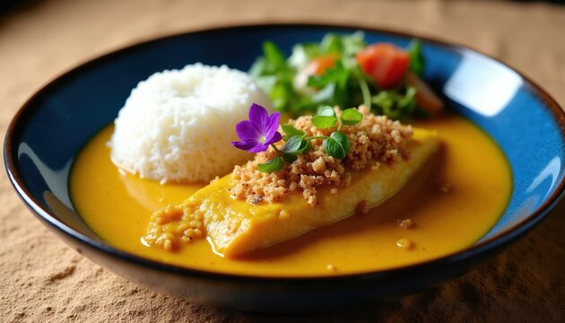 Fish fillet in yellow curry sauce served with white rice and fresh salad. Garnished with crunchy bits and a purple flower, making a visually appealing meal.