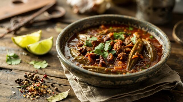Egyptian cuisine. One of the most beloved and satisfying homemade dishes of Egyptian cuisine is Tagine Bamia, that is, beef stew with okra in a thick tomato sauce.