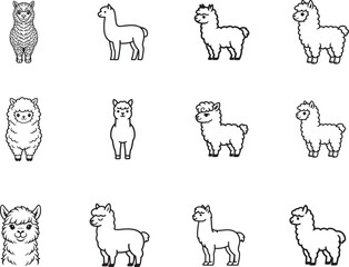 Obraz premium Alpaca line art icon set with fluffy wool animals and linear farm symbols on white background.