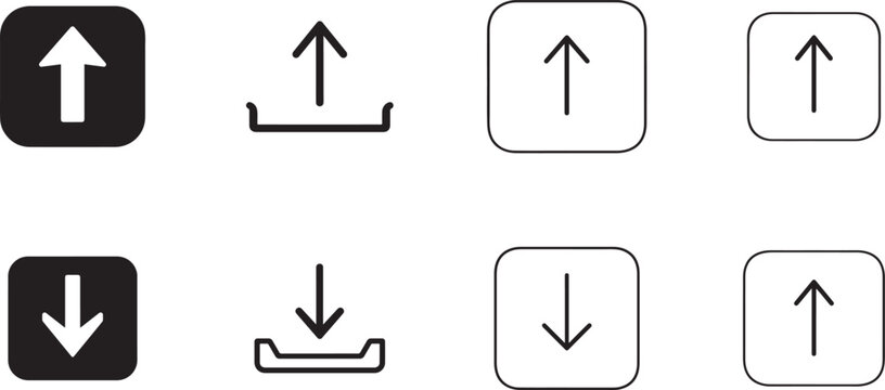 Upload and download arrow icon set. Editable vector symbols for file transfer, sync, and data flow.