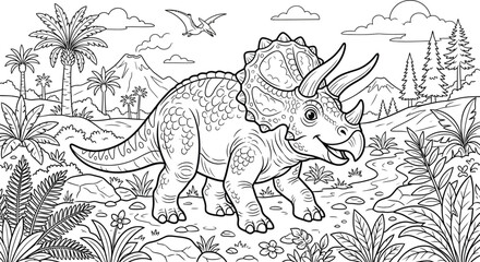 Title: Triceratops Dinosaur Prehistoric Landscape Coloring Page © alphasamratvibe