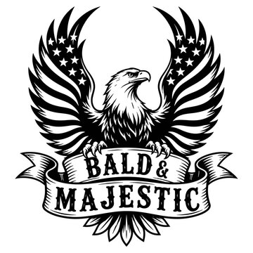 Symmetrical Bald Eagle Crest with Raised Flag Wings and Vintage Banner Typography