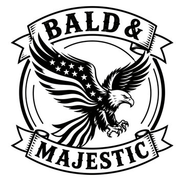 Vintage Ribbon Badge with Flying Bald Eagle, Patriotic Flag Wings and Majestic Typography