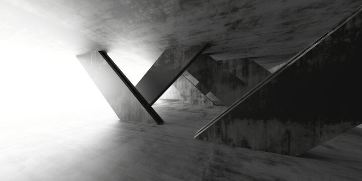 Dramatic concrete interior with angled support beams and moody lighting for industrial architecture background and cinematic scene design.3d render