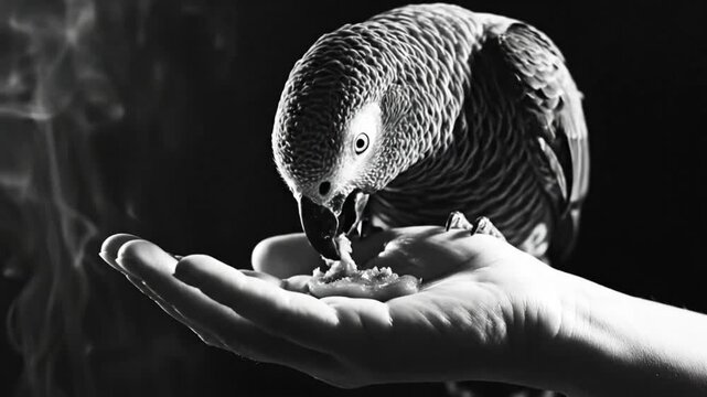 Black and white close-up of a grey parrot eating food from a person's hand with black background and smoke