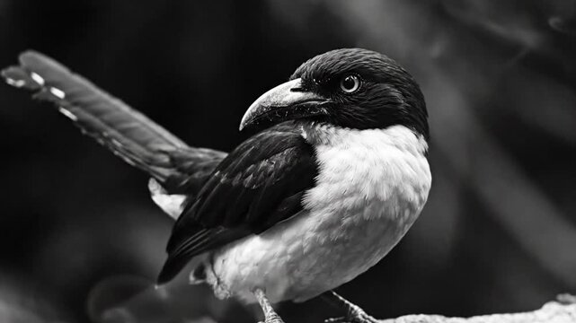 Black and white close-up of a bird with a white chest perched on a surface with natural background