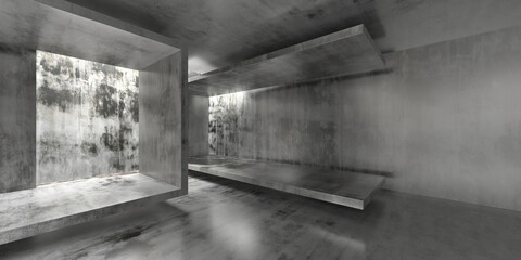 Weathered concrete industrial interior with low platforms and window opening for moody architectural background and exhibition space design.3d render