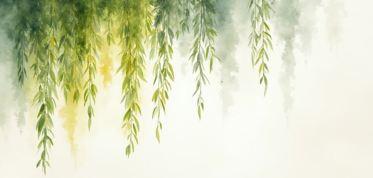 Delicate weeping willow branches with light green leaves hang down. Soft watercolor washes in green yellow and gray create a serene backdrop. Natural elegant botanical art perfect for backgrounds.