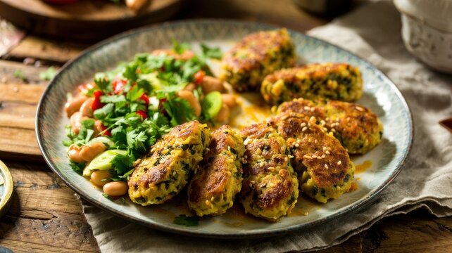 Egyptian cuisine. The traditional snack is Egyptian Falafel, which is called Ta'ameya in Egypt itself. A popular side dish of fava beans, with fresh coriander, green onions and tomatoes.