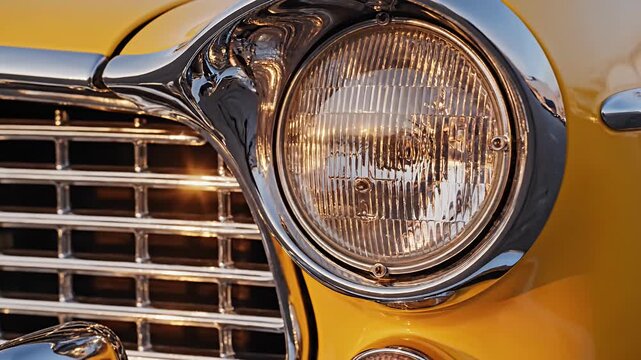 Chrome headlight and grill detail of yellow vintage car.