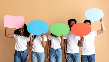 Naklejka premium Group of diverse people holding colorful speech bubbles, smiling