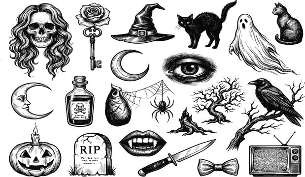Hand drawn Halloween vector set featuring vintage sketch gothic elements skull witch hat ghost pumpkin and raven