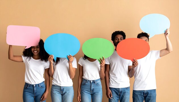 Group of diverse people holding colorful speech bubbles, smiling