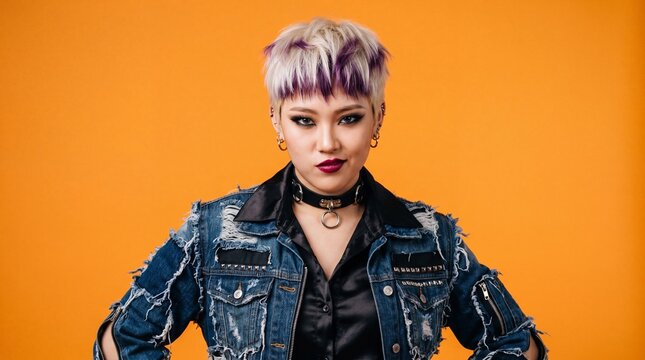 Smirking Asian woman with a purple and blonde pixie cut wears a distressed denim jacket and leather choker on an orange background. Conveys a fierce, rebellious punk attitude.