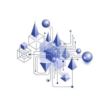 Abstract 3D geometric structure with blue spheres and cubes.