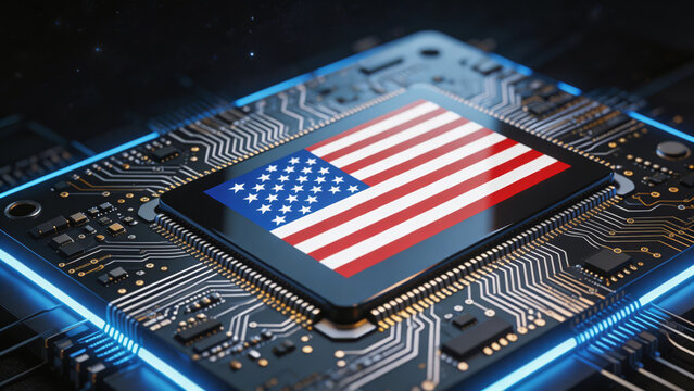 American flag printed on CPU microchip processor with blue neon glow on dark circuit board with gold tracks, USA technology semiconductor and digital innovation concept.