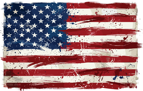 Grunge American flag vector illustration featuring distressed paint brush strokes for 4th of July patriotic design