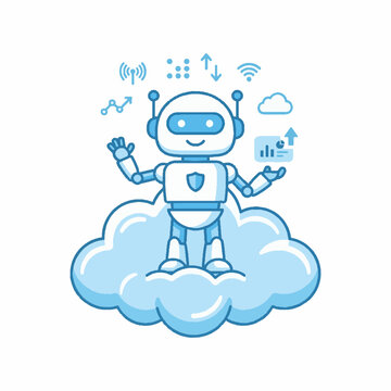 Cute cartoon robot standing on a cloud with technology icons.