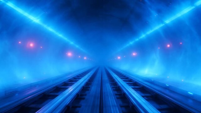 Futuristic high-speed train tunnel with glowing blue neon lights and motion blur background
