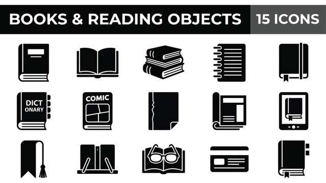 Collection of Black and White Icons Representing Books and Reading Objects