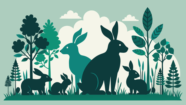 Forest scene with family of hares in silhouette during daytime with lush foliage and trees