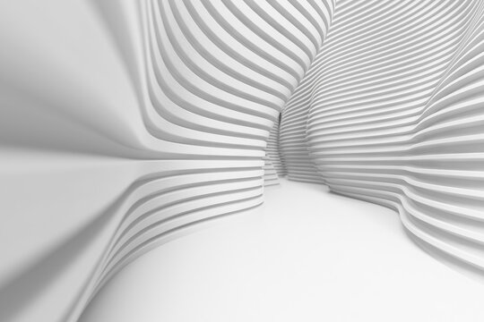 White sculptural ribbed tunnel with flowing layered walls for architectural interior background and 3d design use .3d render