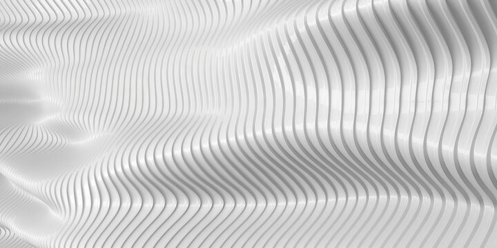 Abstract white wavy line surface with repetitive grooves for futuristic background and architectural wall texture design.3d render