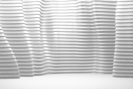 Textured layered ribbed wall with parallel horizontal waves for minimalist interior background and stage backdrop composition.3d render