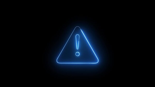 Glowing neon biue warning symbol animation on dark black background.