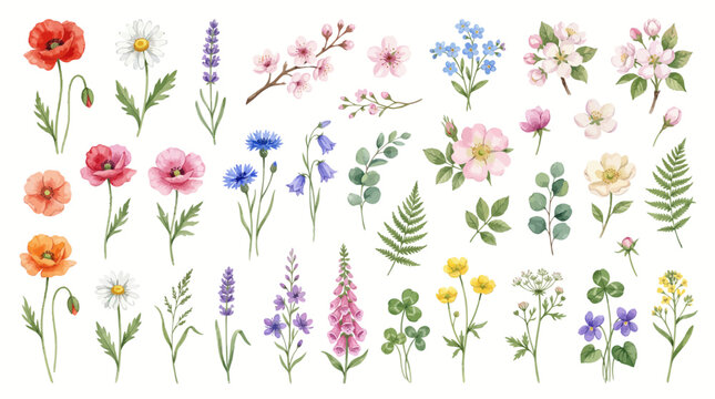 A vibrant collection of wildflowers in full bloom, showcasing various colorful flowers and leaves in a spring watercolor clipart bundle.
