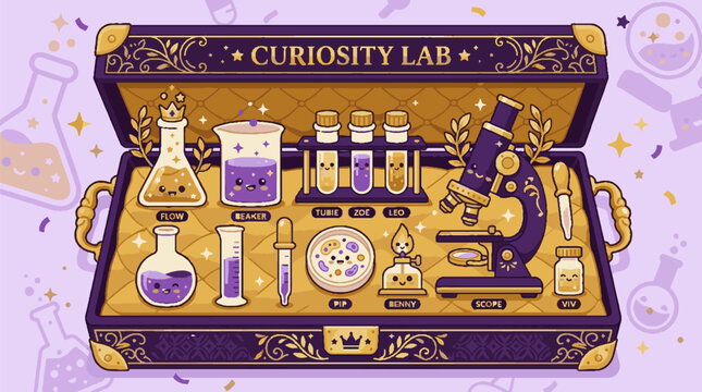 A vintage style curiosity lab kit with cute cartoon laboratory equipment inside a suitcase.