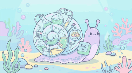 Cute cartoon snail with a laboratory shell carrying an escape key. © Surya